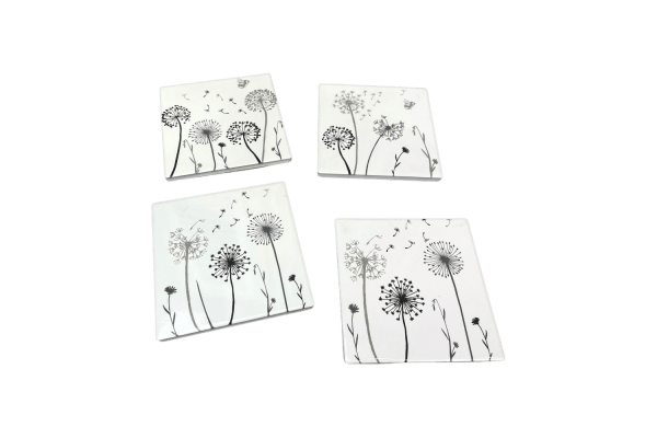 Set of 4 Dandelion Ceramic Coasters - Grey & White, 10cm x 10cm - Elegant Table Protection