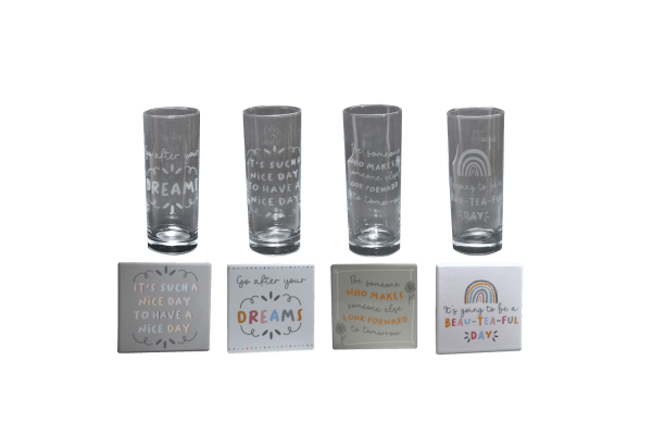 Matching Glass & Coaster Set With Various Quotes